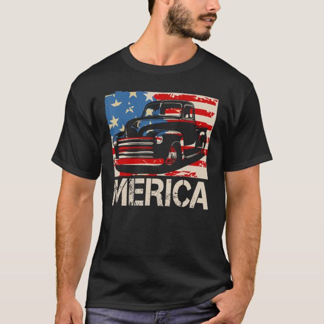 Classic Truck  Merica American flag with pickup tr T-Shirt (Vorderseite)