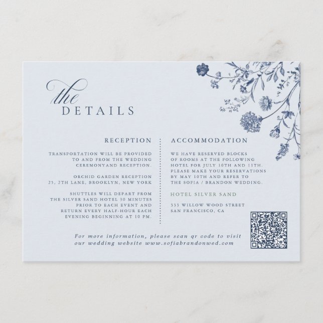 Classic Victorian Blue French QR Code Wedding Begleitkarte (Vorderseite)