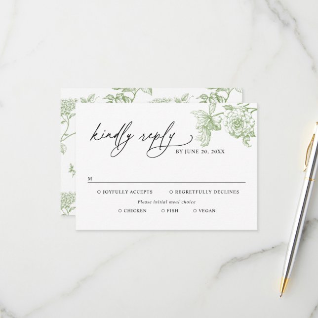 Classic Victorian Green Meal Options Wedding RSVP (Vorderseite/Rückseite Beispiel)