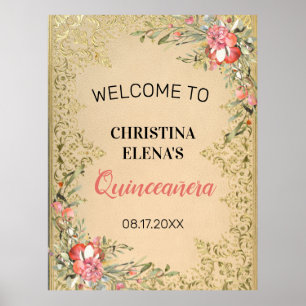 Classic Vintag Gold Floral Quinceanera Willkommen Poster