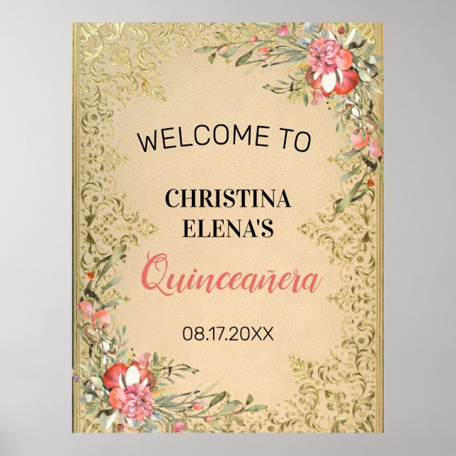 Classic Vintag Gold Floral Quinceanera Willkommen Poster (Vorne)