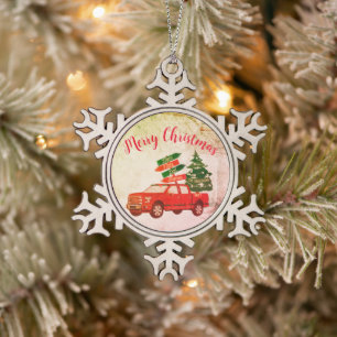 Classic Vintag Red Truck Family Name Weihnachten Schneeflocken Zinn-Ornament