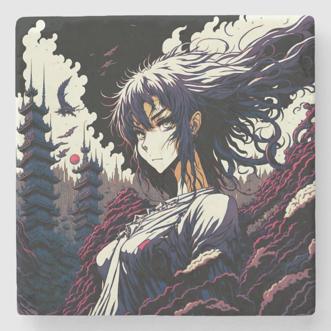 Classic Vintage Anime Girl - 90's Manga Steinuntersetzer (Vorderseite)