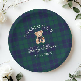 Classic Vintage Teddy bear Plaid Baby Shower Pappteller