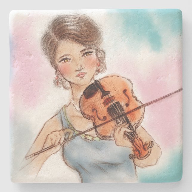 Classic Violine Lady Stone Untersetzer, Vintag Art Steinuntersetzer (Vorderseite)
