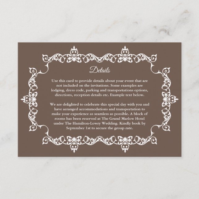 Classic Warm Mocha Brown Ornately Framed Wedding Begleitkarte (Vorderseite)