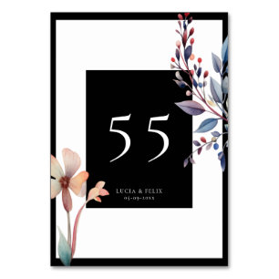 Classic Watercolor Blue Blätter Black Wedding Tischnummer