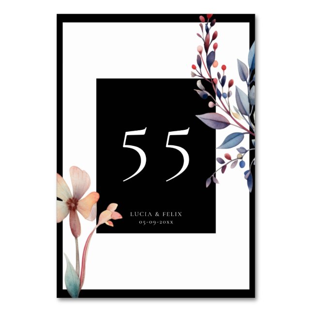 Classic Watercolor Blue Blätter Black Wedding Tischnummer (Vorderseite)