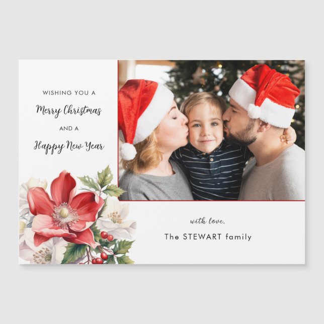 Classic Watercolor Christmas Floral Photo Magnetkarte (Vorderseite)