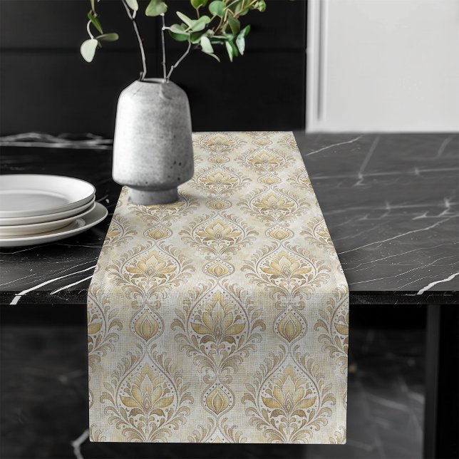 Classic Watercolor Damask Table Runner Elfenbeintö Großer Tischläufer (Classic Watercolor Damask Table Runner Ivory Tones)