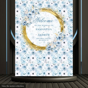 Classic Watercolor Dusty Blue Gold Wedding Foto Wandteppich