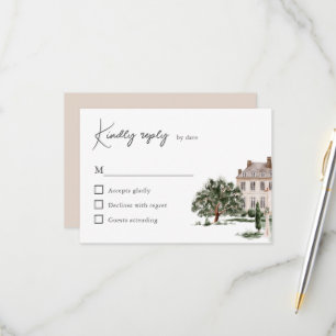 Classic Watercolor English Manor House Wedding RSVP Karte