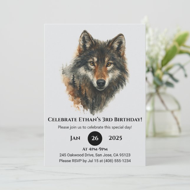 Classic Watercolor Wolf Birthday Einladung (Stehend Vorderseite)