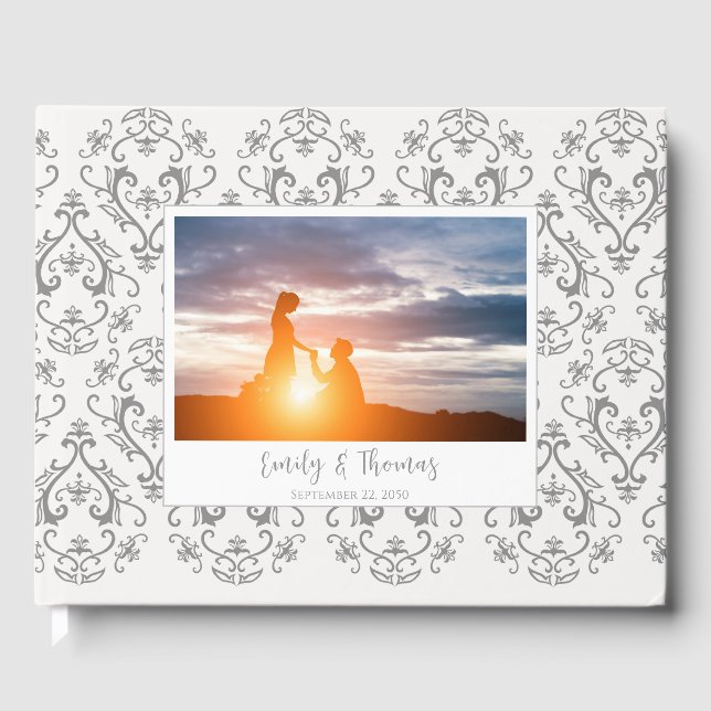 Classic Wedding Elegante Damask Muster Grau Gästebuch (Vorderseite)