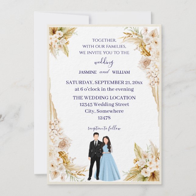 Classic wedding invitation in beige and gold einladung (Vorderseite)
