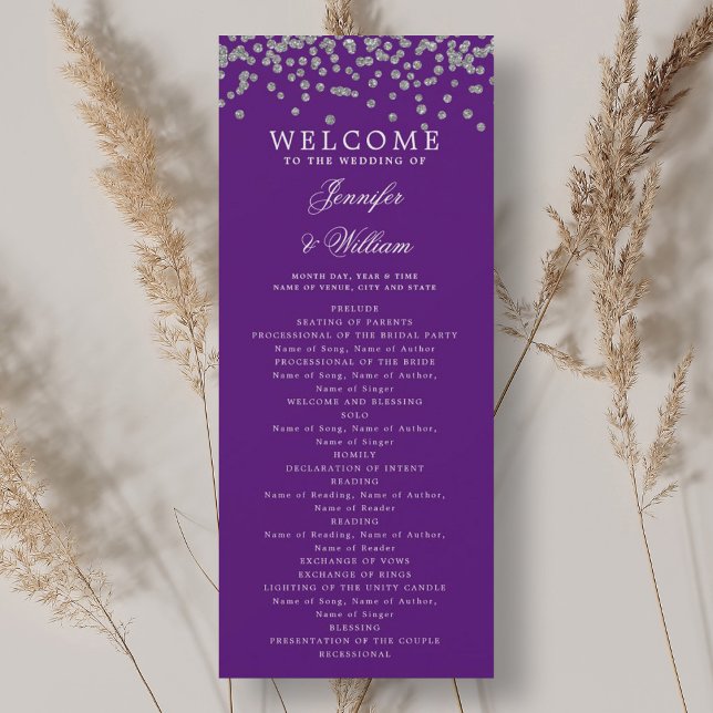 Classic Wedding Program Confetti Silver Lila Einladung (Classic Wedding Program Confetti Silver Purple )