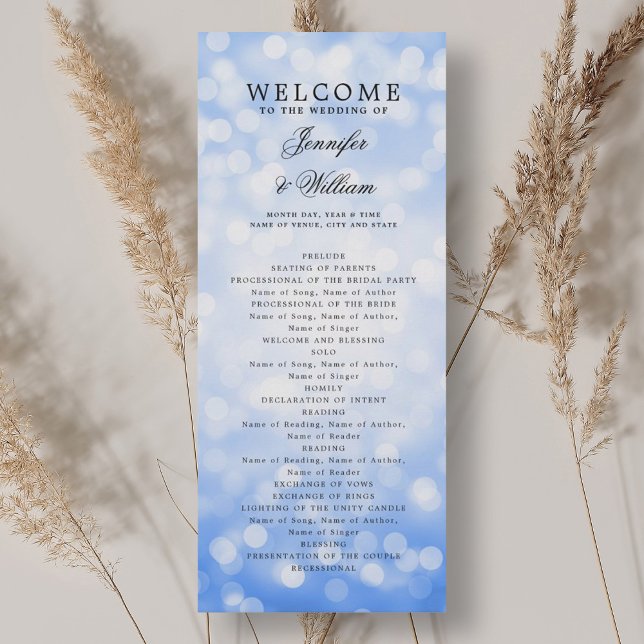 Classic Wedding Program Navy Blue Bokeh Lights Einladung (Classic Wedding Program Navy Blue Bokeh Lights)