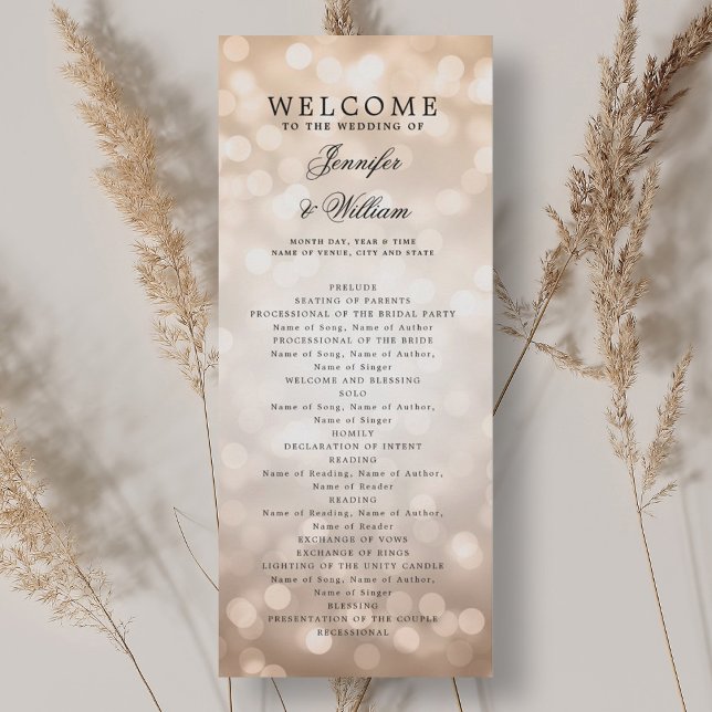 Classic Wedding Program Rose Gold Bokeh Lights Einladung (Classic Wedding Program Rose Gold Bokeh Lights)
