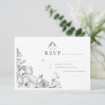 Classic White Black Floral Wedding  RSVP Card