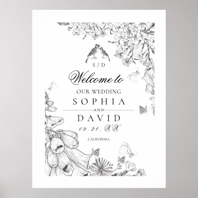 Classic White Black Floral Wedding Welcome  Poster (Vorne)