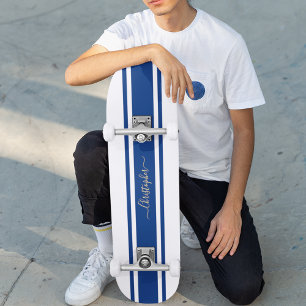 Classic White Blue Racing Stripes Gold Mit Monogra Skateboard