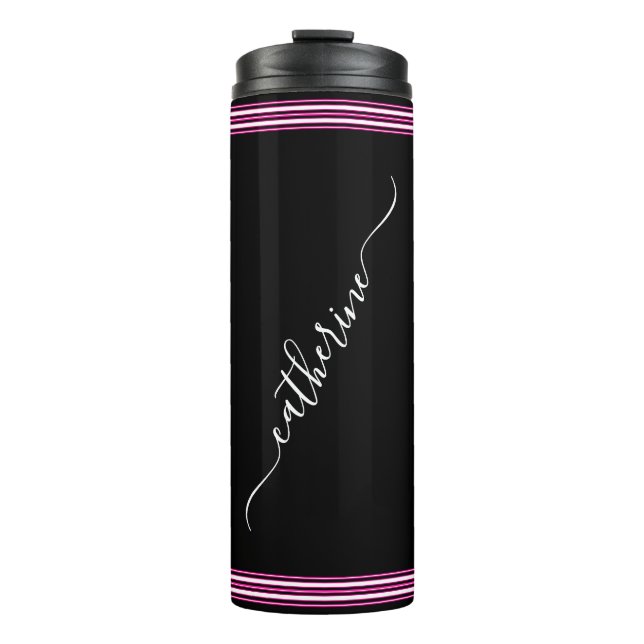 Classic White Cursive Script Name Hot Pink Black Thermosbecher (Vorderseite)