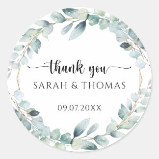 Classic White Eucalyptus Wreath Wedding Thank You Runder Aufkleber