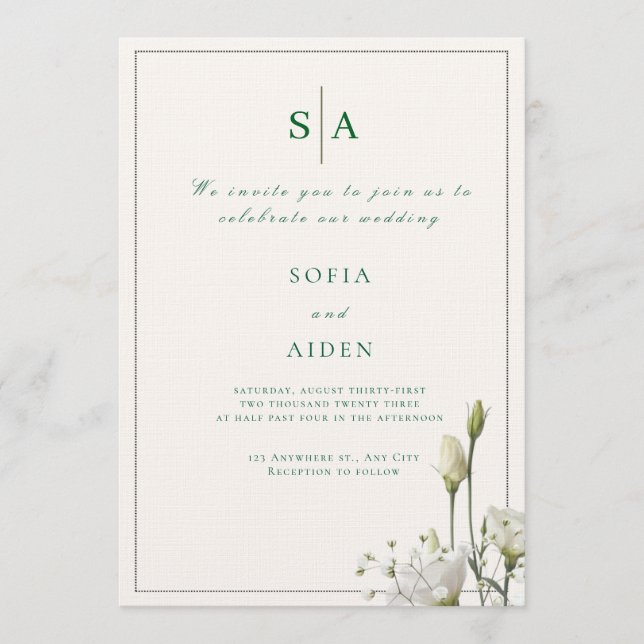 classic white floral and border wedding invitation einladung (Vorderseite)