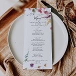 Classic Wild Colorful Floral Dinner Menükarte<br><div class="desc">Diese klassische,  farbenfrohe Karte für das Abendessen mit Blumen ist perfekt für eine tropische Hochzeit. Das Design besteht aus rosa,  lila,  gelben,  bordeauxfarbenen,  von der Marine und blau gezeichnet wilden Blume,  die in schönen Formen angeordnet sind. Dieses Menü kann für Hochzeitsempfang,  Probe Dinner,  Brautparty oder jede Veranstaltung verwendet werden.</div>