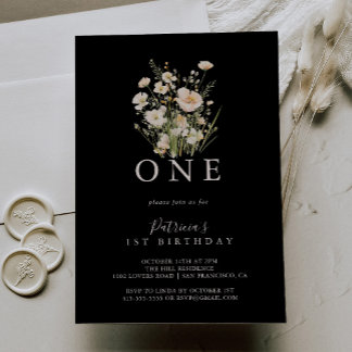 Classic Wildblume Black First Birthday Party Einladung