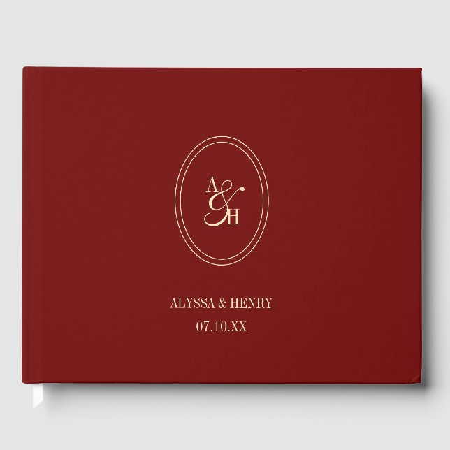 Classic Wine Red Monogram Custom Wedding Gästebuch (Vorderseite)