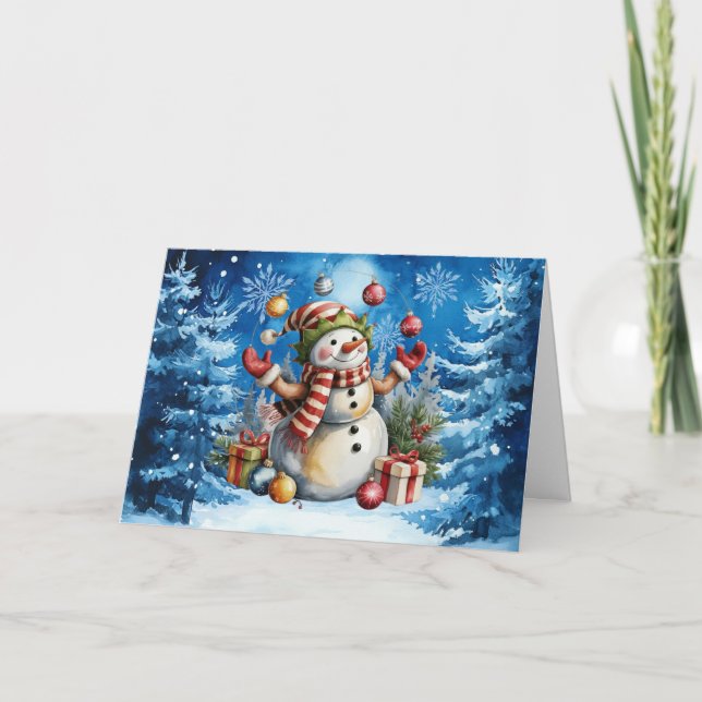 Classic Winter Blue Christmas Snowman Feiertagskarte (Vorderseite)