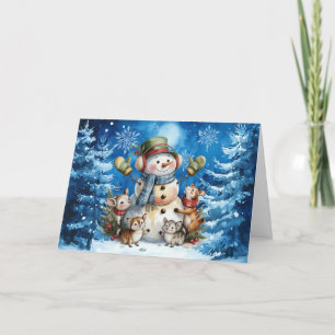 Classic Winter Blue Snowman & Woodland Animals Feiertagskarte