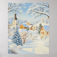 Classic Winter Village mit Snowy Church and Trees