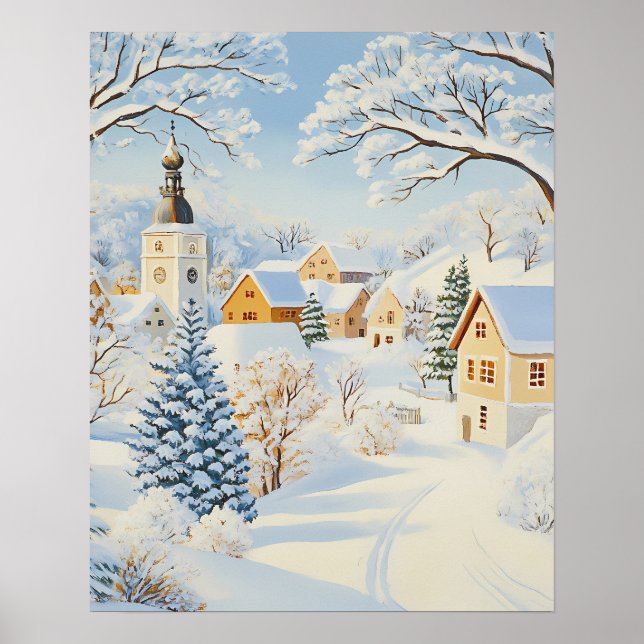 Classic Winter Village mit Snowy Church and Trees Poster (Vorne)
