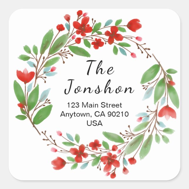 Classic Wreath Custom Script Holiday Return Label  Quadratischer Aufkleber (Vorderseite)