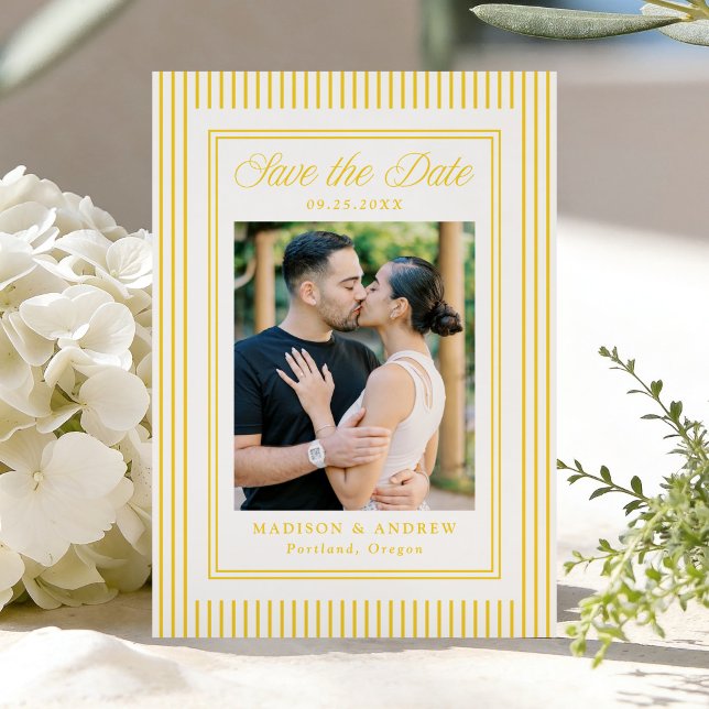 Classic Yellow Stripes Photo Wedding Save The Date (Von Creator hochgeladen)
