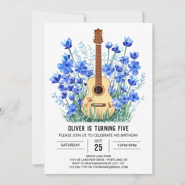 Classical Blue Guitar Boy Birthday Einladung (Vorderseite)