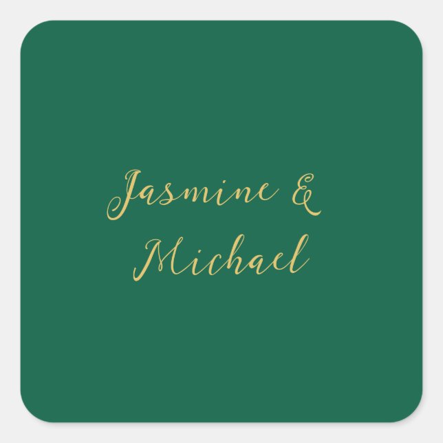Classical Calligraphy Couple Names Green & Gold Quadratischer Aufkleber (Vorderseite)
