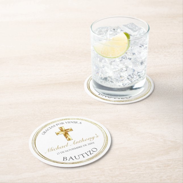 Classico Blanco Dorado Bautizo de Bebé Gracias Runder Pappuntersetzer (Vor Ort)