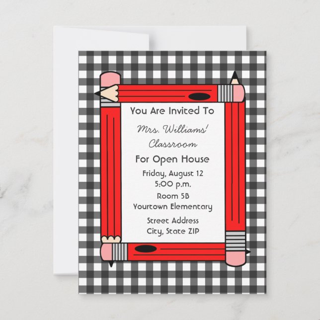 Classroom Open House: Rote Stiere, Gray Gingham Einladung (Vorderseite)
