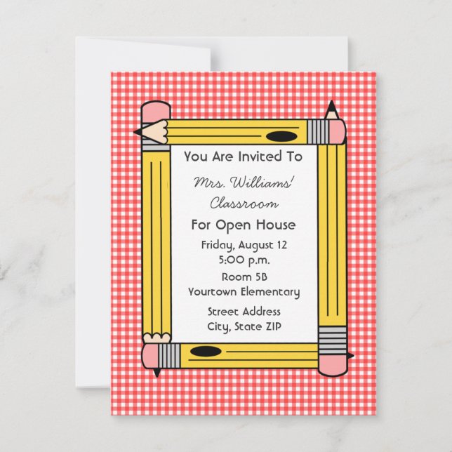 Classroom Open House: Yellow Pencils, Red Gingham Einladung (Vorderseite)