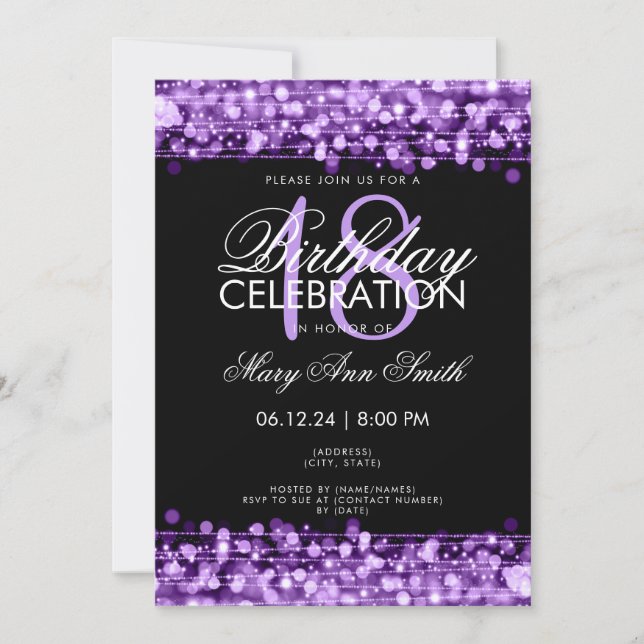 Classy 18. Geburtstagsparty Glitzern Lila Einladung (Vorderseite)