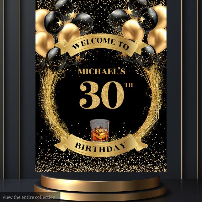 Classy 30 Man Birthday Whiskey Celebration Banner Wandteppich (Classy 30 Man Birthday Whiskey Celebration Banner Tapestry)