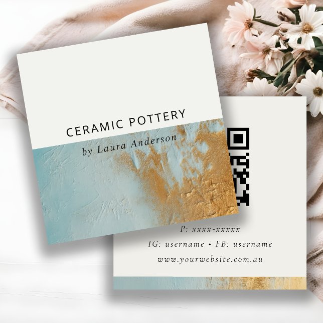 Classy Aqua Blue Gold Oil Paint Texture QR Code Quadratische Visitenkarte (Von Creator hochgeladen)