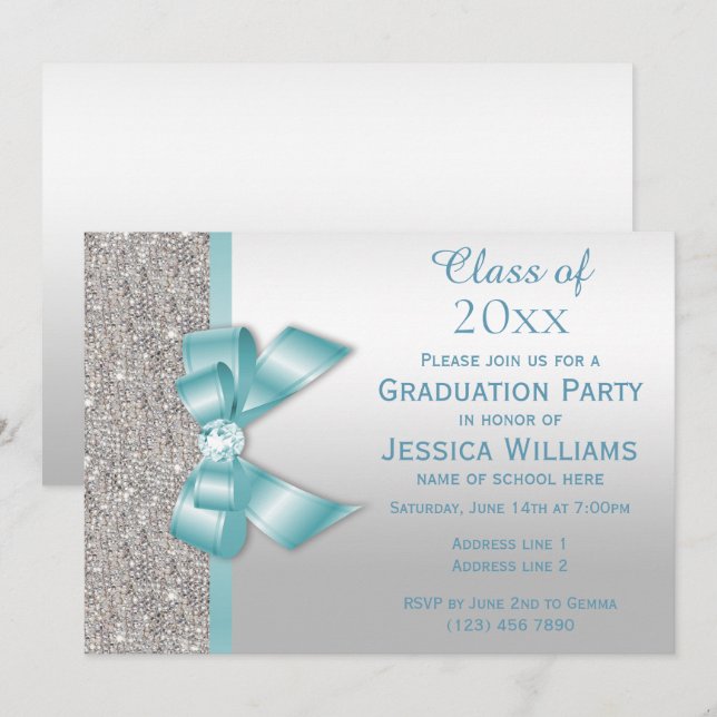 Classy Aquamarin Gem Bow, Silver Sequins Abschluss Einladung (Vorne/Hinten)