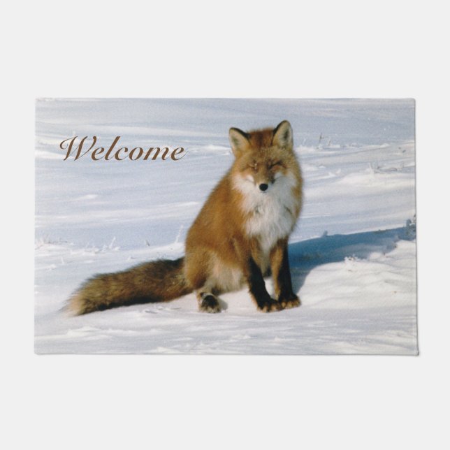 Classy Arctic Red Fox Winter Scene Foto entwickelt Fußmatte (Vorderseite)