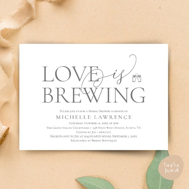 Classy Beer Party Brautparty, Liebe Braut Einladung (Classy Beer Party Bridal Shower, Love is brewing modern romantic Invitation Card PDF in Dark Grey)