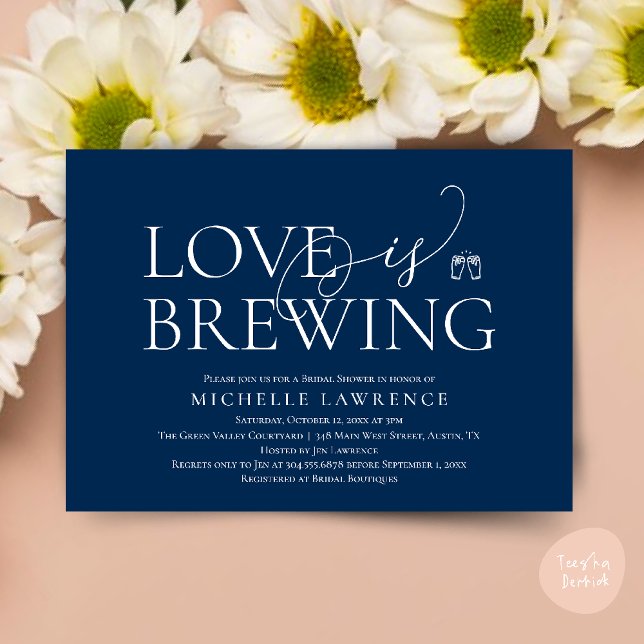 Classy Beer Party Brautparty, Liebe Braut Einladung (Classy Beer Party Bridal Shower, Love is brewing modern romantic invites Card PDF in Navy Blue)