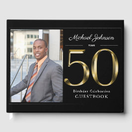 Classy Black 50. Solid Gold Custom Foto Geburtstag Gästebuch